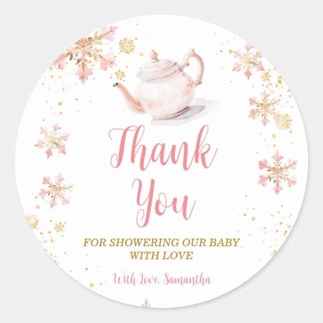 Sticker Rond Pink Winter Tea Party Baby Shower Thank You (Devant)