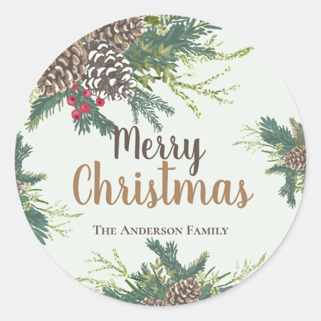 Sticker Rond Pins cônes et verdure joyeux Noël (Devant)