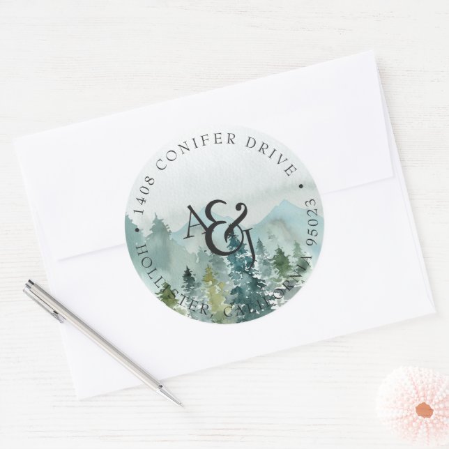 Sticker Rond Pins d'aquarelle rustique Monogramme Mariage (Enveloppe)