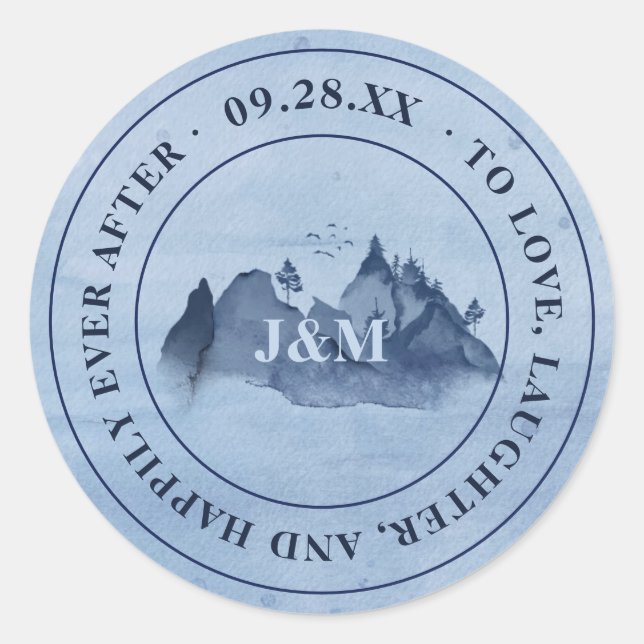 Sticker Rond Pins de montagne Mariage Monogramme bleu (Devant)