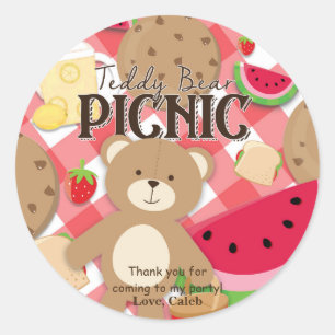 Sticker Rond Pique-nique ourson été anniversaire cadeau invité