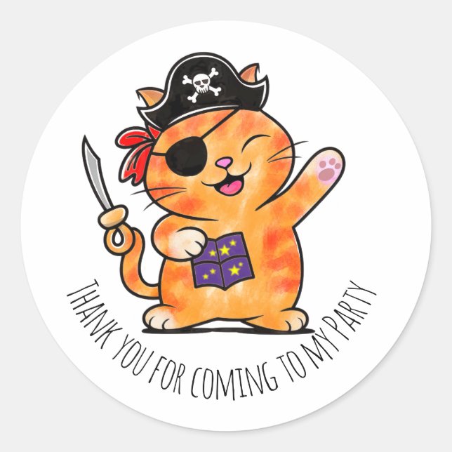 Sticker Rond Pirate anniversaire thème fête chatte trésor (Devant)