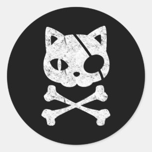 Sticker Rond Pirate Chat Kitten Halloween Skull Cross Bones