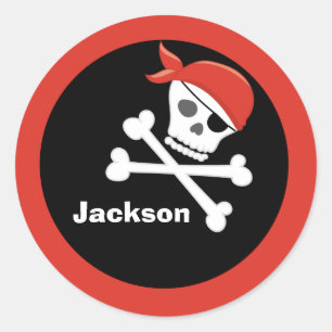 Sticker Rond Pirate Crâne Crossbones Noir Rouge Monogramme Enf