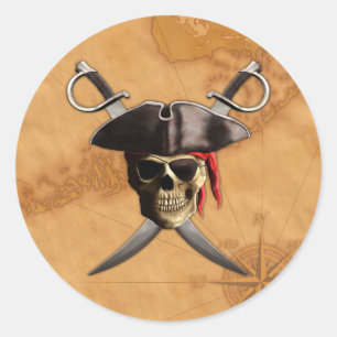 Sticker Rond Pirate Crâne épées et carte