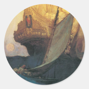 Sticker Rond Pirate Vintage, Attaque d'un galion par Howard Pyl