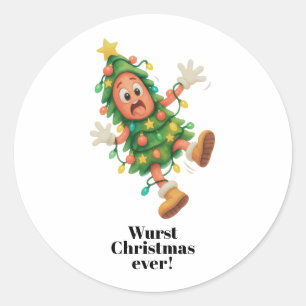 Sticker Rond Pire Noël saucisse jamais ! Drôle salami