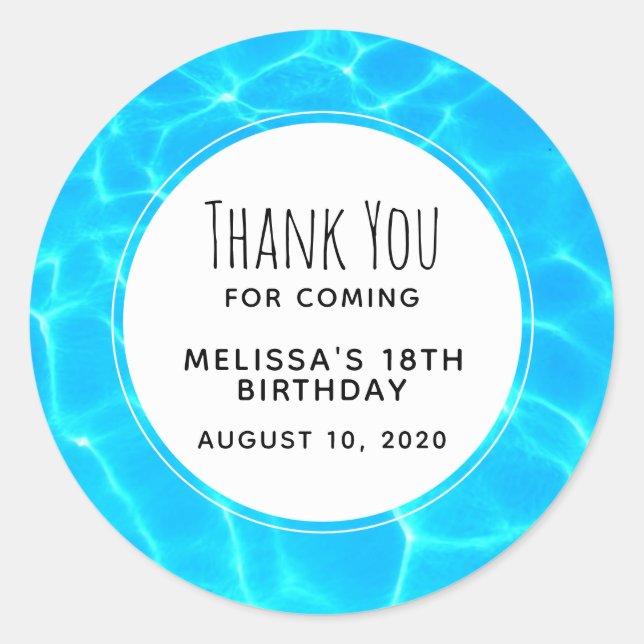 Sticker Rond Piscine Bleue clair Eau Photo Anniversaire Merci (Devant)