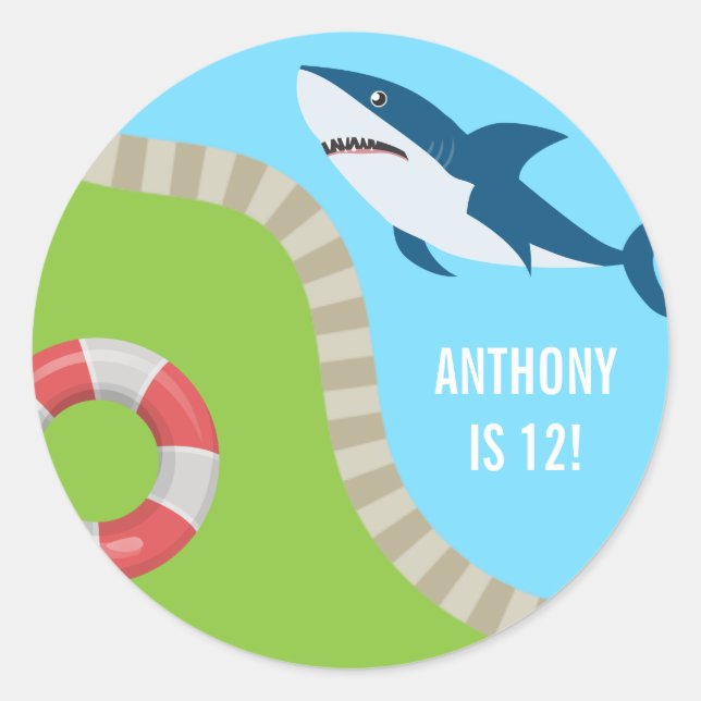 Sticker Rond Piscine d'été à thème requin Fête d'anniversaire (Devant)