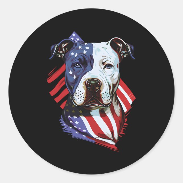 Sticker Rond Pitbull américain avec drapeau américain (Devant)