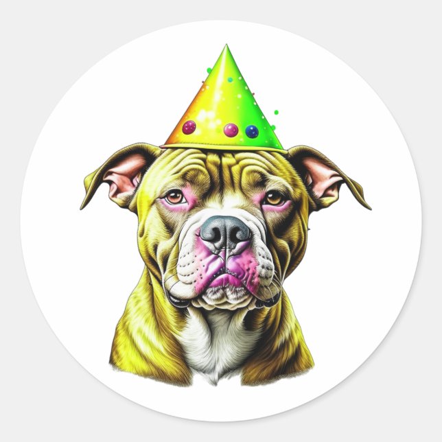 Sticker Rond Pitbull avec Casquette d'anniversaire (Devant)