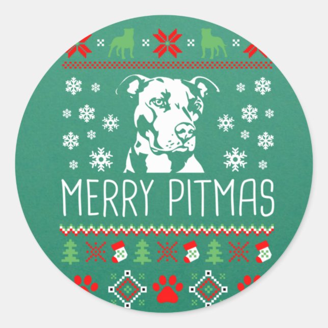 Sticker Rond Pitbull Christmas Lovers Merry Pitmas Ugly Christm (Devant)