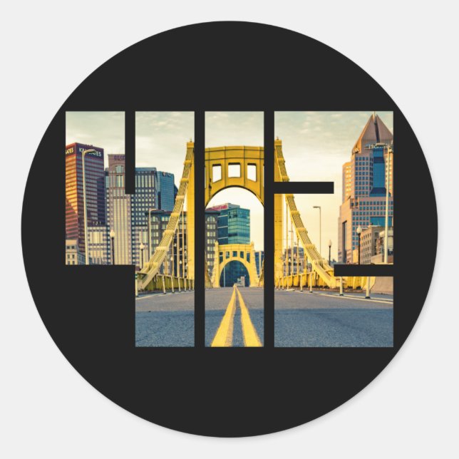 Sticker Rond Pittsburgh Pennsylvania Steel City Skyline 412 Can (Devant)
