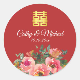 Sticker Rond Pivoine double bonheur floral mariage chinois