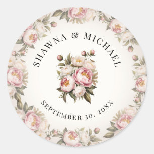 Sticker Rond Pivoine Élégant Fleurs Rose Aquarelle Mariage