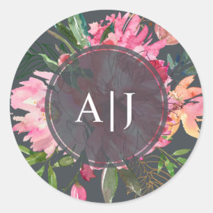 Sticker Rond Pivoine Rose Rubis Monogramme Floral Botanique