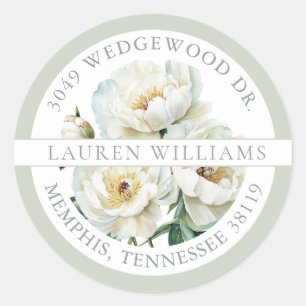 Sticker Rond Pivoines Aquarelle Blanche Adresse de Retour Fémin
