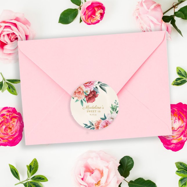 Sticker Rond Pivoines roses bordeaux fleurs douces 16 ans (Créateur téléchargé)