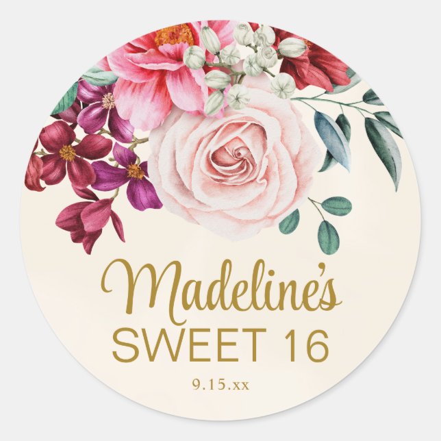 Sticker Rond Pivoines roses Bourgogne Fleurs Douces 16 ans (Devant)