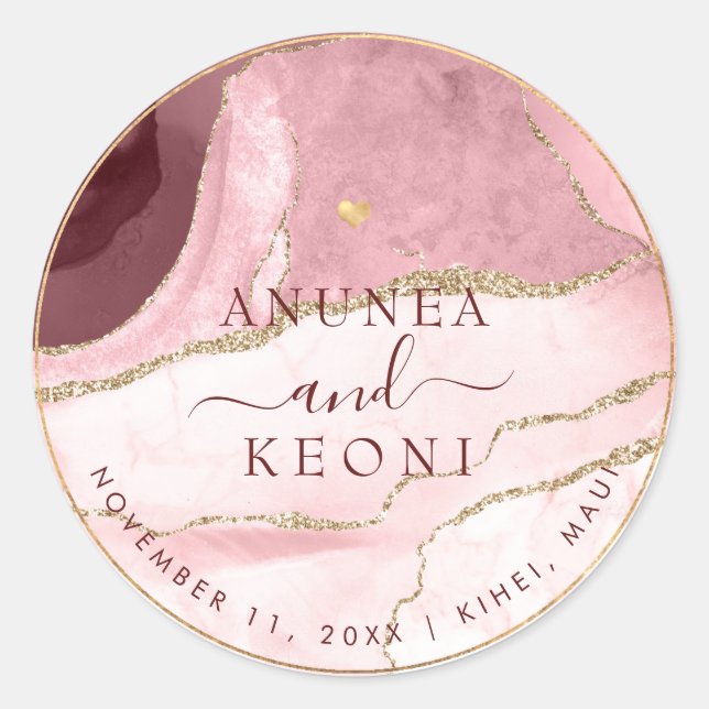 Sticker Rond PixDezine Blush Bourgogne Agate Marbre Coeur d'or (Devant)