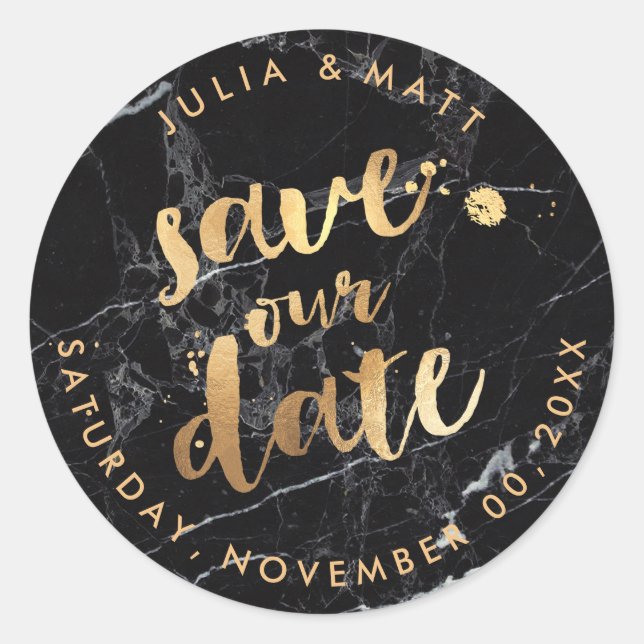 Sticker Rond PixDezine Enregistrer la date/Marble+Faux Gold (Devant)