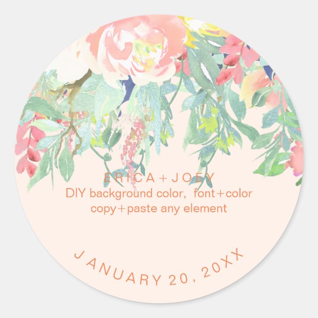 Sticker Rond PixDezines Aquarelle Peonies Peach+Mint (Devant)