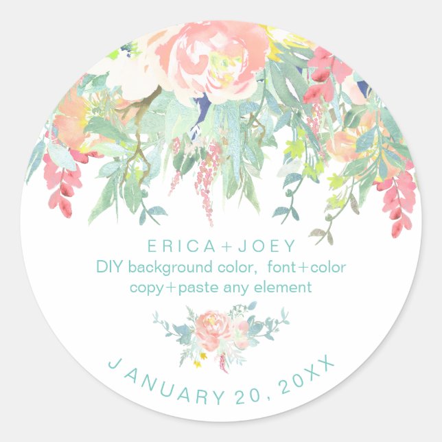 Sticker Rond PixDezines Aquarelle Peonies Peach+Mint (Devant)
