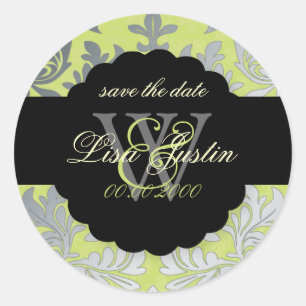 Sticker Rond PixDezines Baroque Damask/Faux Argent+Vert