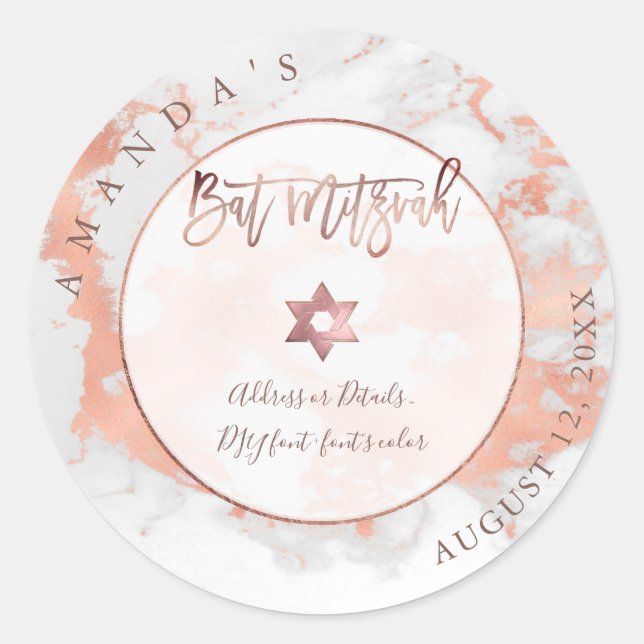 Sticker Rond PixDezines Bat mitzvah Marbre Faux Veines rosées e (Devant)