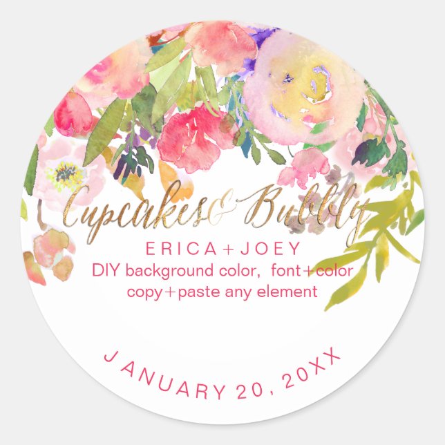 Sticker Rond PixDezines Cupcakes+Bubbly Aquarelle Peonies (Devant)