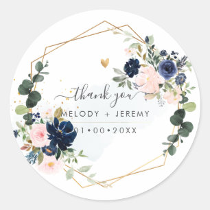 Sticker Rond PixDezines Élégant H2 Blush Navy Fleurs Merci