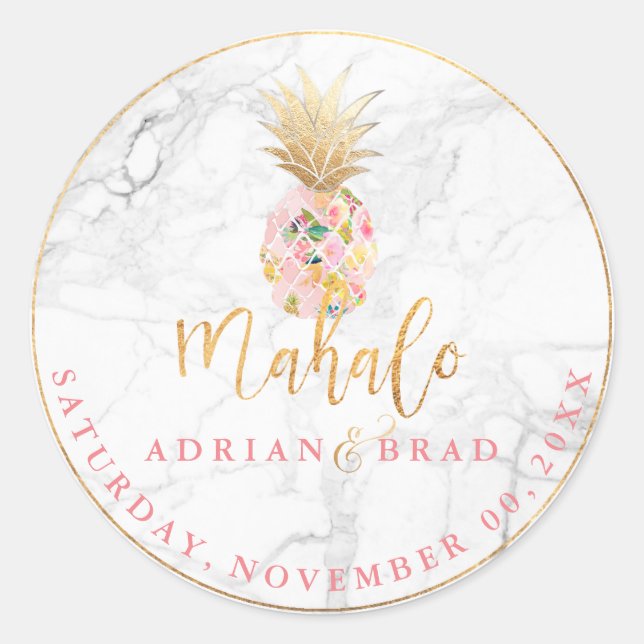 Sticker Rond PixDezines Faux Gold Ananas/rose/marbre (Devant)
