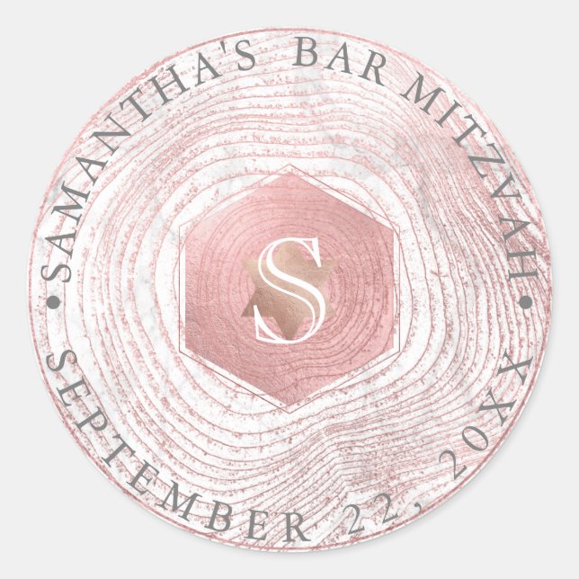 Sticker Rond PixDezines Faux Rose Gold Tree Rings Mitzvah (Devant)