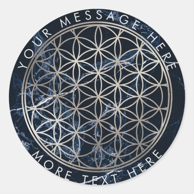 Sticker Rond PixDezines FLEURS DE VIE FAUX SILVER+MARBRE BLEU (Devant)