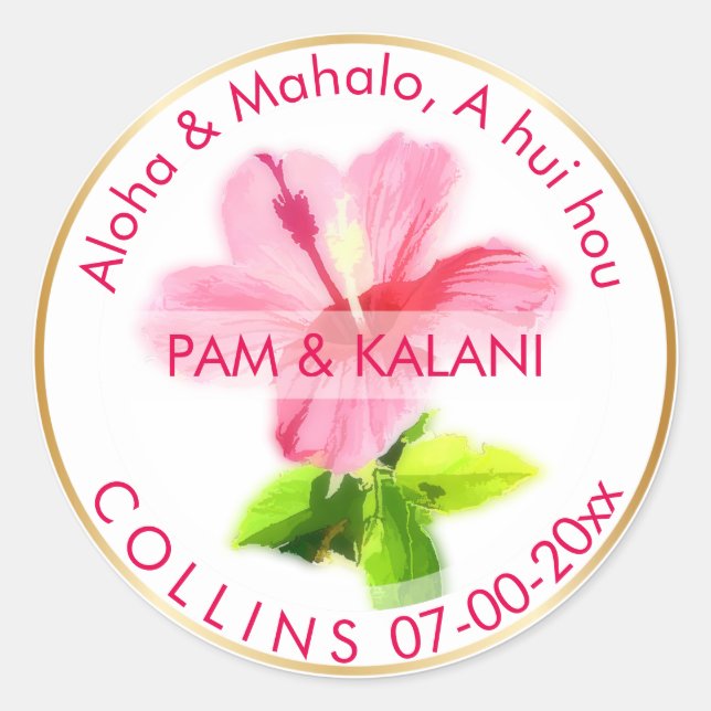 Sticker Rond PixDezines Hibiscus rose/Aloha/Mahalo/Merci (Devant)