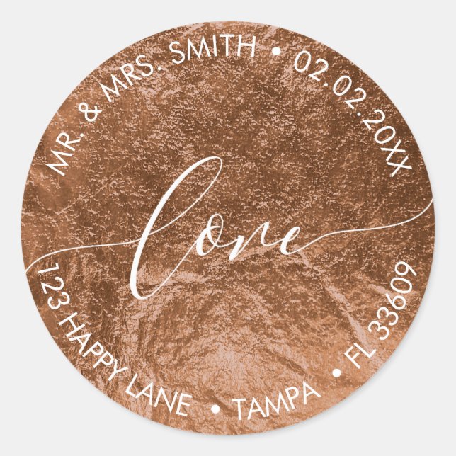 Sticker Rond PixDezines LOVE FAUX FOIL, CUIVRE (Devant)