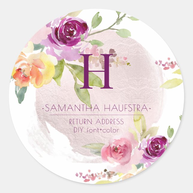 Sticker Rond PixDezines Monogramme, Roses d'été aquarelle (Devant)