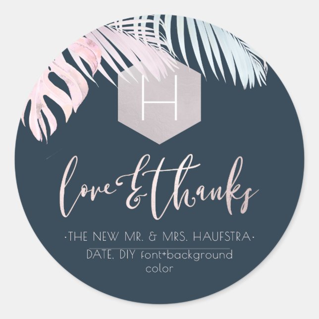 Sticker Rond PixDezines Palms Monogram Blush Silver, Merci (Devant)