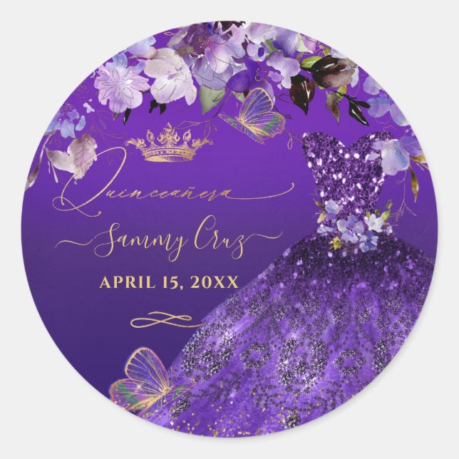 Sticker Rond PixDezines Papillons Quinceanera, Violet foncé dan (Devant)