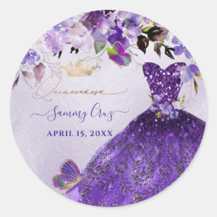 Sticker Rond PixDezines Papillons Quinceanera, Violet foncé dan