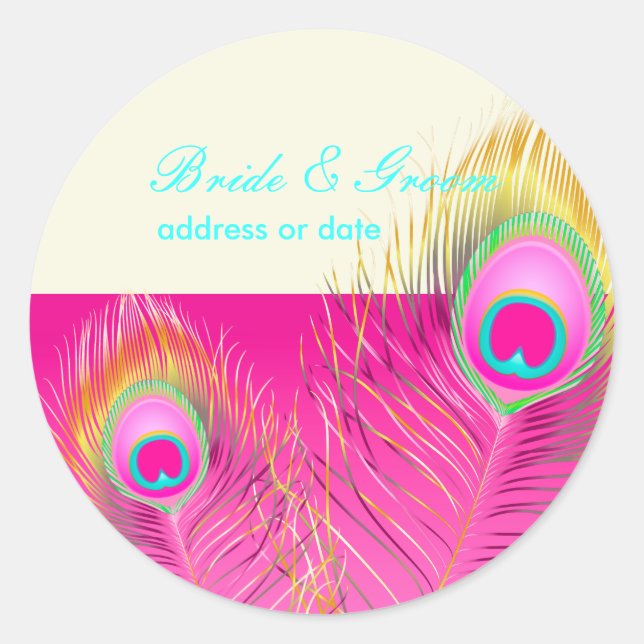 Sticker Rond PixDezines plumes de paon psychédélique/rose chaud (Devant)