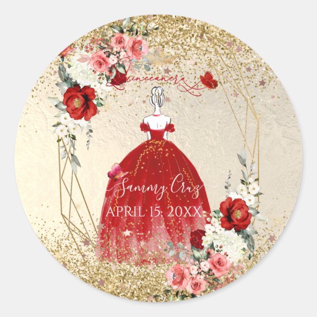 Sticker Rond PixDezines Quinceanera H2 Fleurs Robe Rouge (Devant)