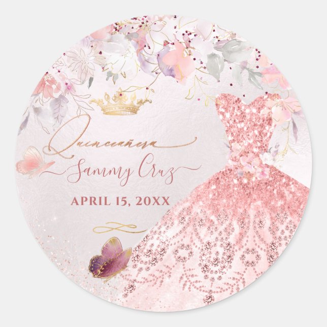 Sticker Rond PixDezines Quinceanera H2 Robe de Parties scintill (Devant)