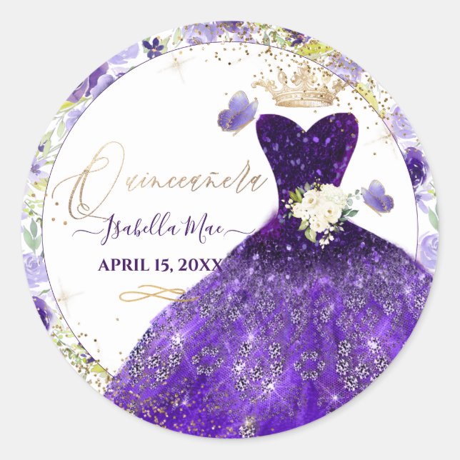 Sticker Rond PixDezines Quinceanera Violet Violet Parties scint (Devant)