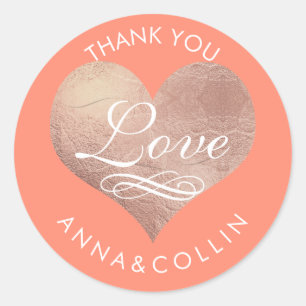 Sticker Rond PixDezines Rose Or/Rose Or Faux Coeur/Merci