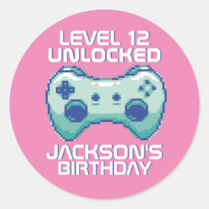 Sticker Rond Pixel Gamer Niveau Girl Déverrouillé Jeu Anniversa