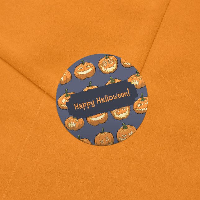 Sticker Rond Pixel six Jack o'Lantern Citrouille Motif (Créateur téléchargé)