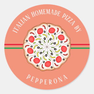 Sticker Rond pizza pepperoni personnalisé rose entreprise à dom