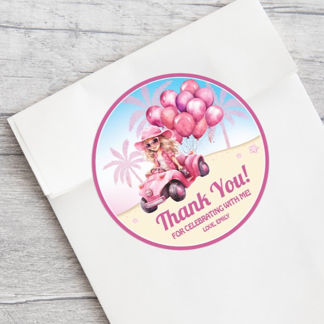 Sticker Rond Plage convertible rose personnalisée Anniversaire (A fun personalized thank you sticker adds a special touch to a girl's birthday party.)