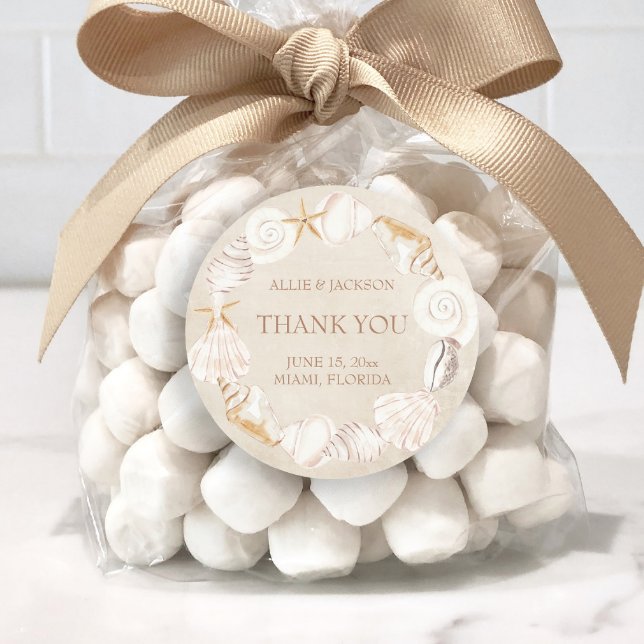 Sticker Rond Plage Coquillages Sable Mariage balnéaire Merci (Beach wedding treat bag thank you sticker.)